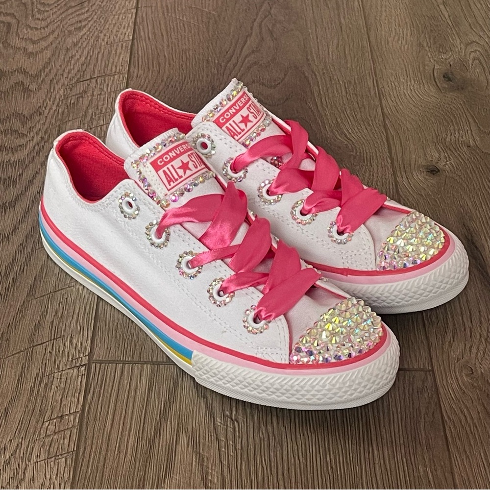 Converse All Star Pink Rainbow Stripe Custom Rhinestone Bling Girls 4 Sneakers